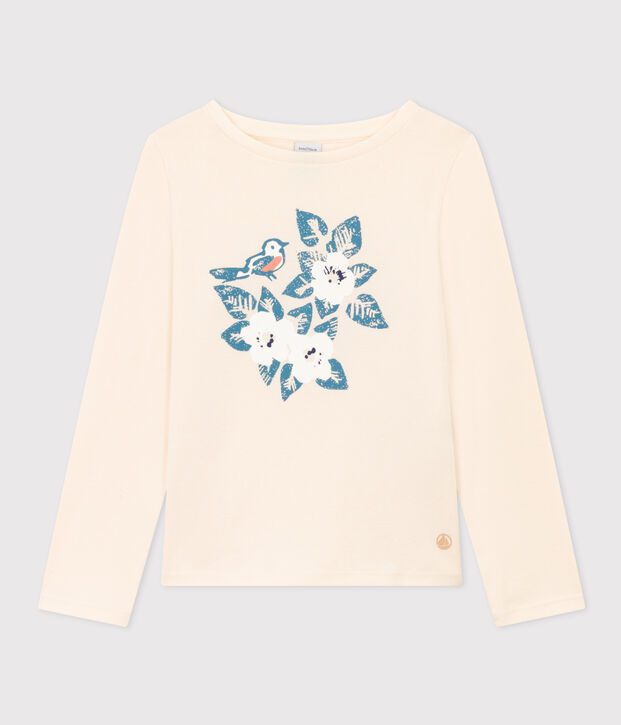 T-shirt maniche lunghe in cotone bambina ecru/blu