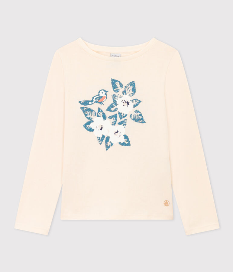 T-shirt maniche lunghe in cotone bambina ecru/blu