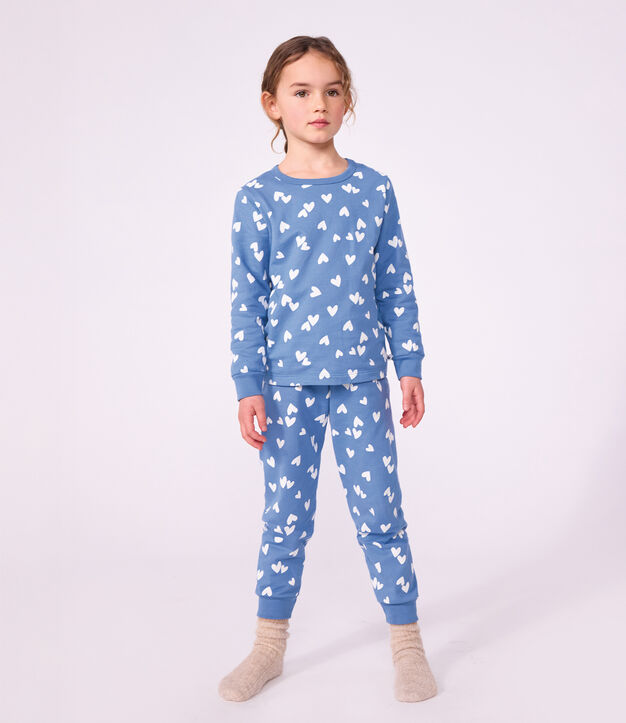 Pigiama in tessuto felpato a cuori bambina blu/bianco