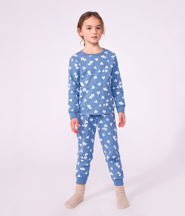 Pigiama in tessuto felpato a cuori bambina blu/bianco