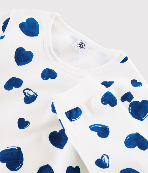 Pigiama ragazza fantasia cuori a costine bianco/blu