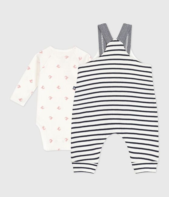 Set composto da salopette a righe marinière e body con stampa neonato bianco MARSHMALLOW/blu SMOKING