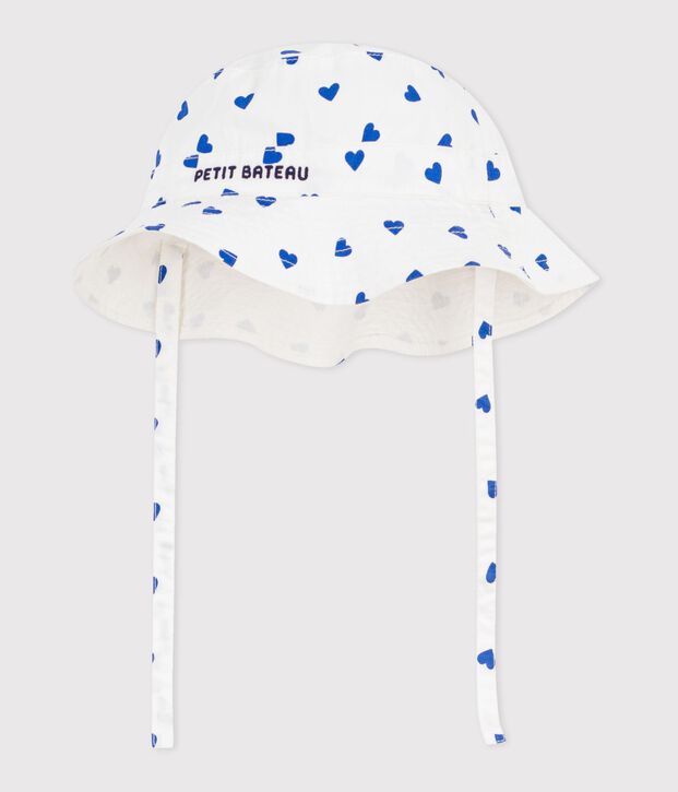 Cappellino in adorabile tessuto serge con laccetti da annodare neonato bianco/blu