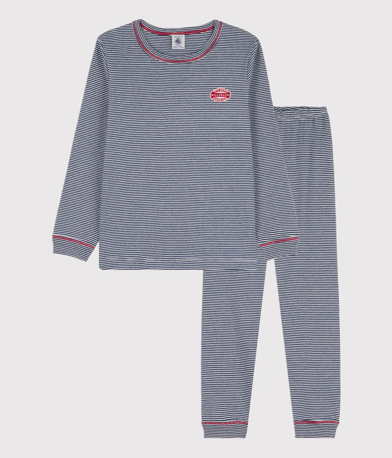 Pigiama millerighe bambino in cotone blu MEDIEVAL/bianco MARSHMALLOW