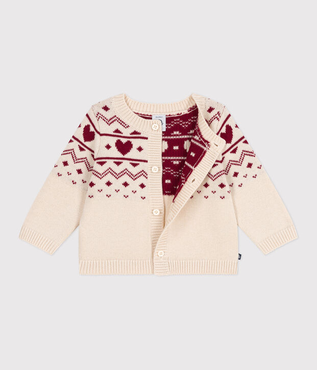 Cardigan in maglia di misto lana e cotone con motivo a cuori neonata ecru/rosso