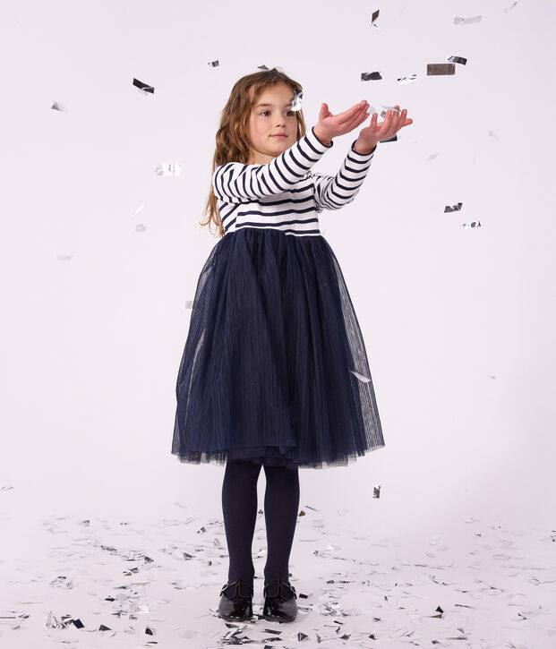Abito a maniche lunghe in cotone e tulle a righe bambina bianco/blu