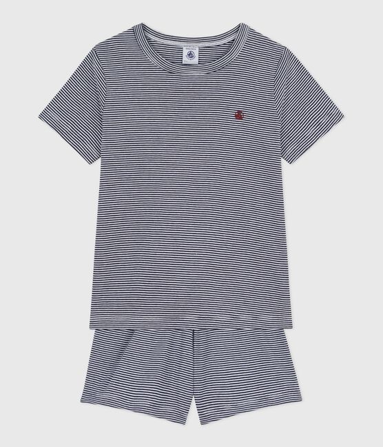 Pigiama corto in cotone a righe bambino blu SMOKING/bianco MARSHMALLOW