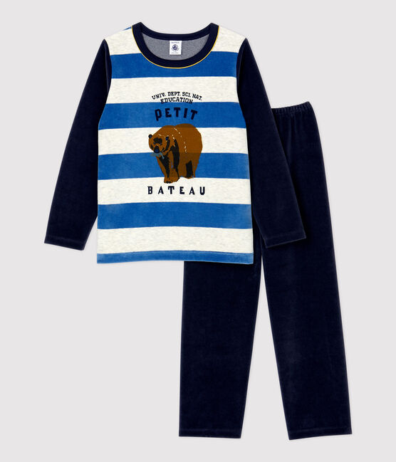 Pigiama bambino a righe in ciniglia blu SMOKING/bianco MULTICO