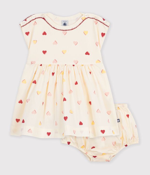Abito a maniche corte in cotone con stampa a cuori neonata ecru/multicolore