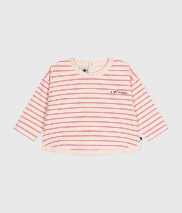 T-shirt beb&egrave; a maniche lunghe in tubique ecru/rosa