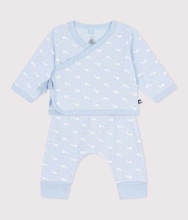 Set 2 pezzi lungo in cotone con balene stampate neonato blu/ecru