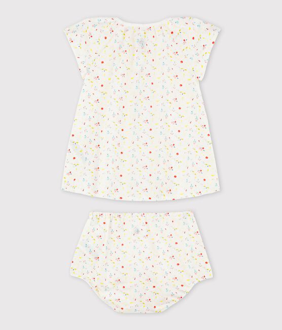 Abito manica corta fantasia frutta con bloomer bebè femmina in tubique ordito e trama di cotone biologico bianco MARSHMALLOW/bianco MULTICO