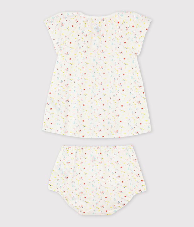 Abito manica corta fantasia frutta con bloomer beb&egrave; femmina in tubique ordito e trama di cotone biologico bianco/multicolore