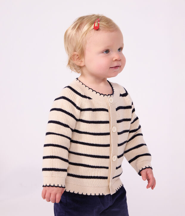 Cardigan in cotone a righe neonata ecru/blu