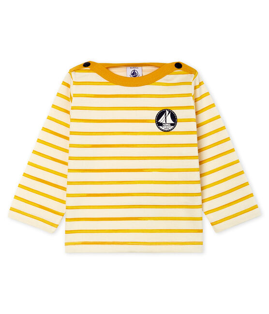 T-shirt a manica lunga bebè maschio a righe bianco MARSHMALLOW/giallo BOUDOR