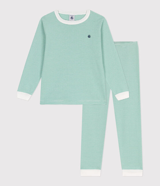 Pigiama in cotone a righe bambino verde ALOEVERA/bianco MARSHMALLOW