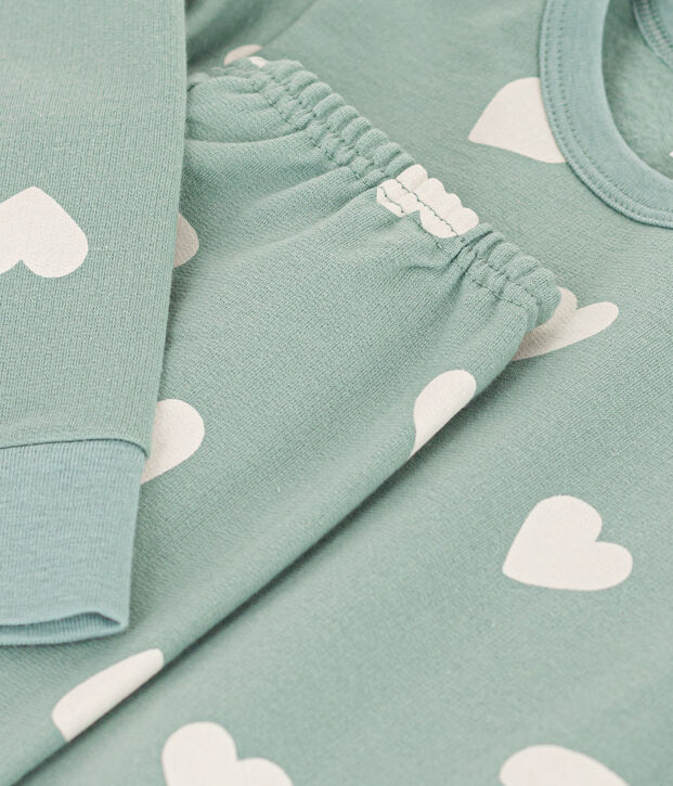 Pigiama cuore bambino unisex in tessuto felpato verde/ecru