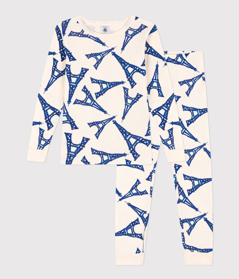 Pigiama bambino unisex in cotone aderente ecru/multicolore