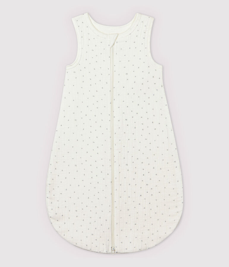 Sacco nanna bianco a stelle beb&egrave; in tessuto goffrato di cotone biologico bianco/grigio