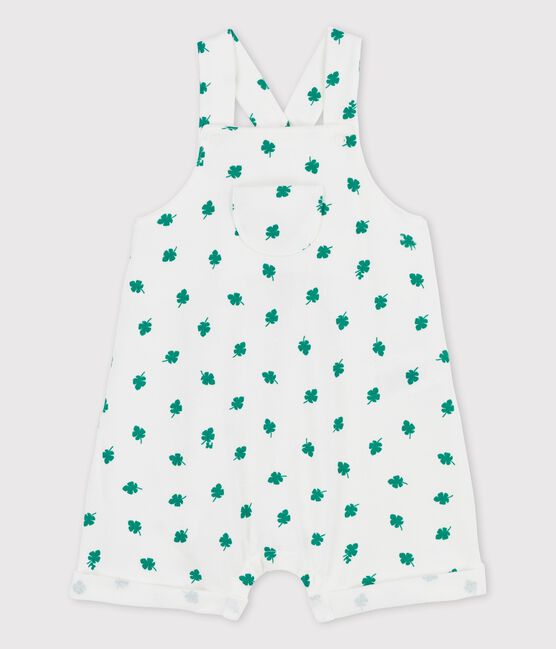 Salopette corta bebè in tessuto felpato biologico con fantasia vegetale. bianco MARSHMALLOW/verde GAZON