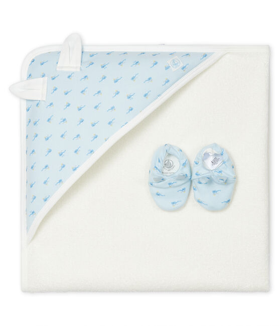 Cofanetto asciugamano quadrato da bagno e babbucce bebè in spugna e a costine blu FRAICHEUR/bianco MULTICO