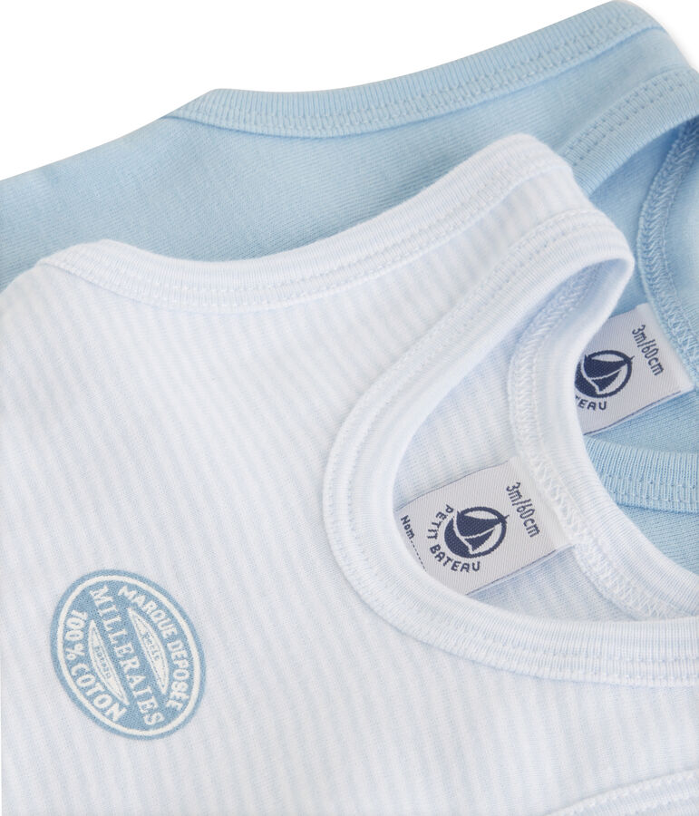 Confezione di 2 bodies beb&eacute; bambino senza maniche tinta unita / millerighe lotto .