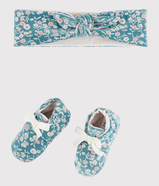 Confezione fascia e babbucce da neonata a fiori in velluto MOZAIK/ecru MULTICO