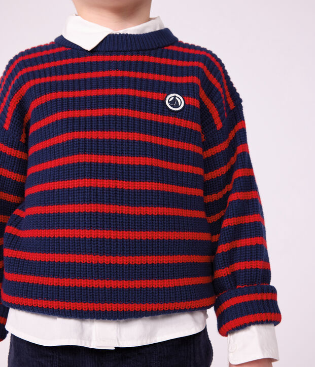 Pullover in misto lana e cotone a righe bambino blu/rosso