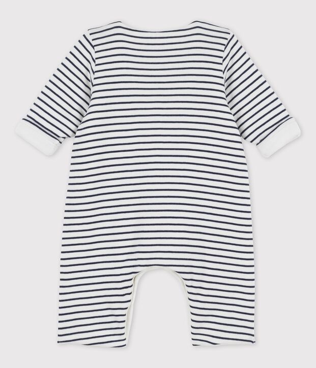 Tutina lunga beb&egrave; in cotone biologico a righe marini&egrave;re bianco/blu