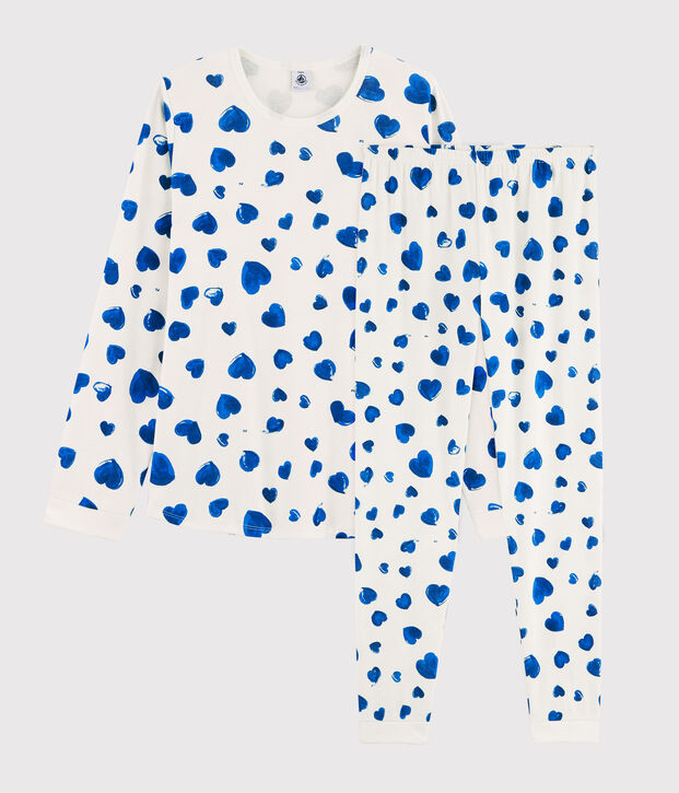 Pigiama ragazza fantasia cuori a costine bianco/blu