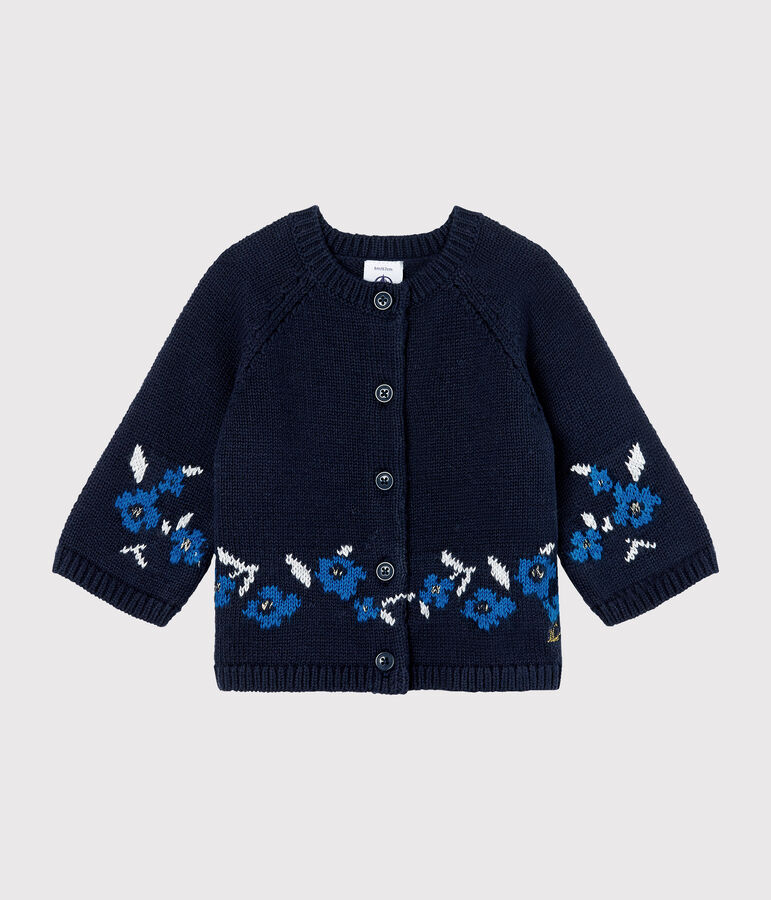 Cardigan bambina in maglia di lana e cotone blu/multicolore