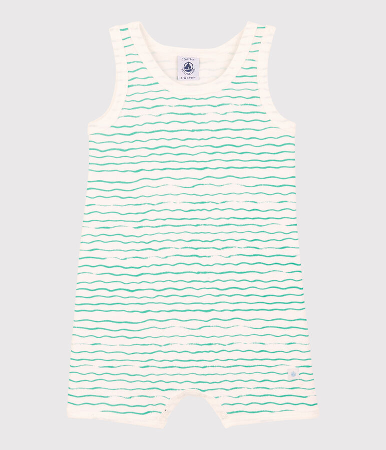 Tutina corta onde beb&egrave; in cotone bianco MARSHMALLOW/ VERT