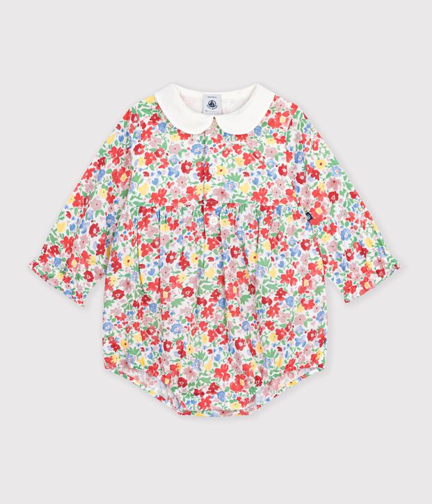 Tutina corta in cotone con stampa a fiori neonata bianco/multicolore