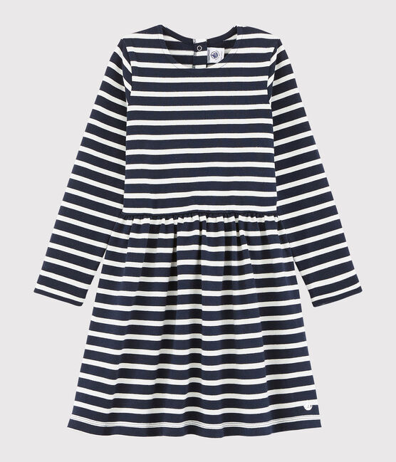Abito maniche lunghe bambina blu SMOKING/bianco MARSHMALLOW