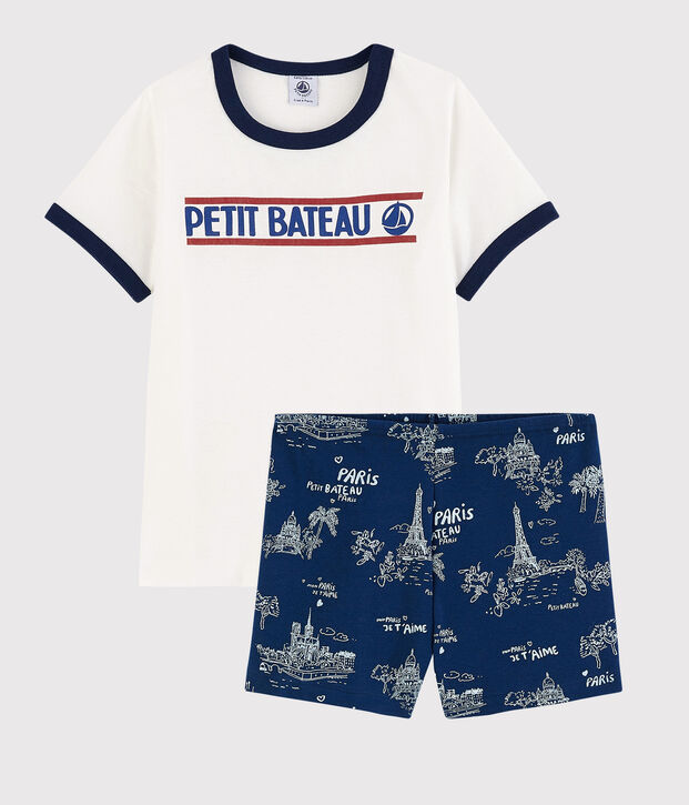 Pigiama corto tela di Jouy Parigi bambino in cotone blu/multicolore
