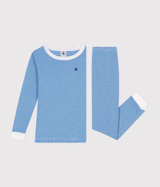 Pigiama aderente bambino in cotone a righe DELPHINIUM/ MARSHMALLOW