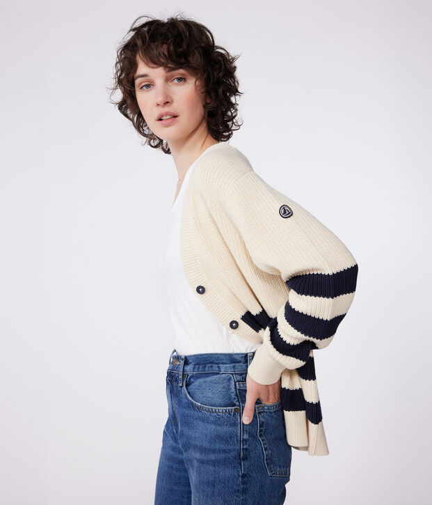 Cardigan in cotone a righe donna ecru/blu
