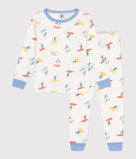 Pigiama a maniche lunghe in cotone con surfisti stampati bambino bianco MARSHMALLOW/bianco MULTICO