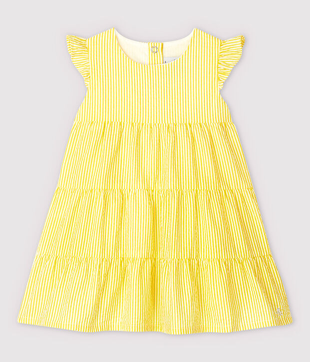 Abito a manica corta in seersucker a righe beb&egrave; femmina giallo/bianco