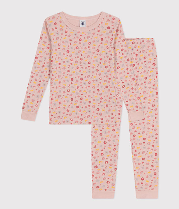 Pigiama bambino aderente in cotone con stampa a fiori rosa/bianco