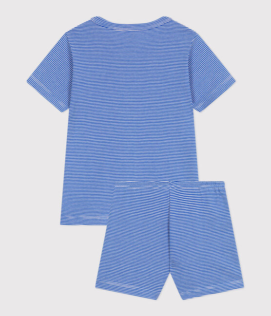 Pigiama corto in cotone a righe bambino blu PERSE/bianco MARSHMALLOW