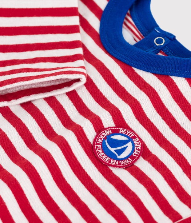 T-shirt a maniche lunghe in cotone a righe neonato rosso/ecru