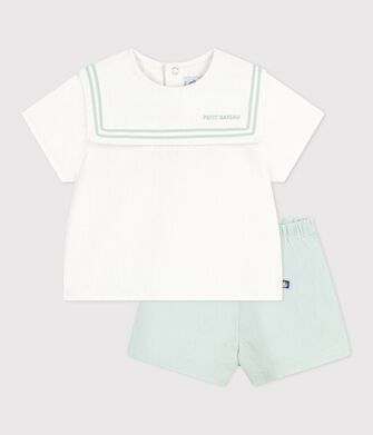 Completo neonato 2 pezzi in misto cotone/lino con top con colletto alla marinara