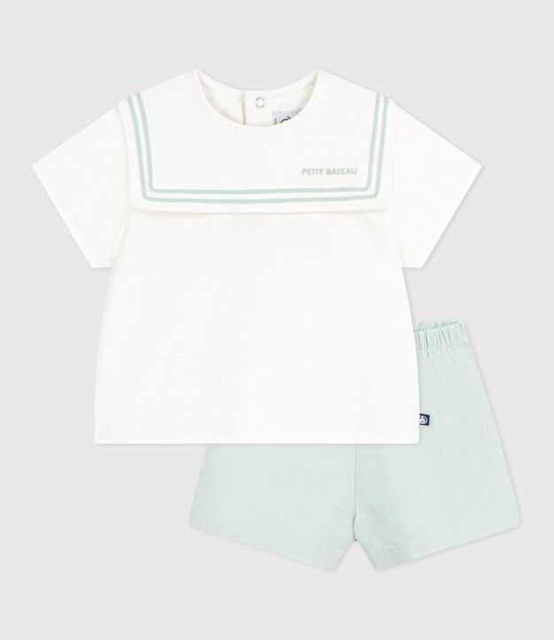 Completo neonato 2 pezzi in misto cotone/lino con top con colletto alla marinara bianco/blu