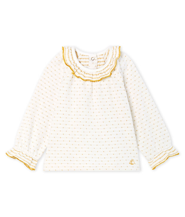 Blusa a manica lunga per beb&egrave; femmina in tubique jacquard bianco/giallo