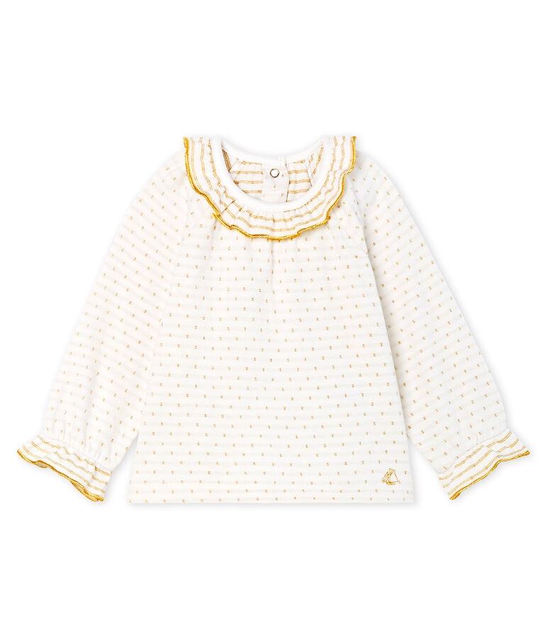 Blusa a manica lunga per beb&egrave; femmina in tubique jacquard bianco MARSHMALLOW/giallo OR
