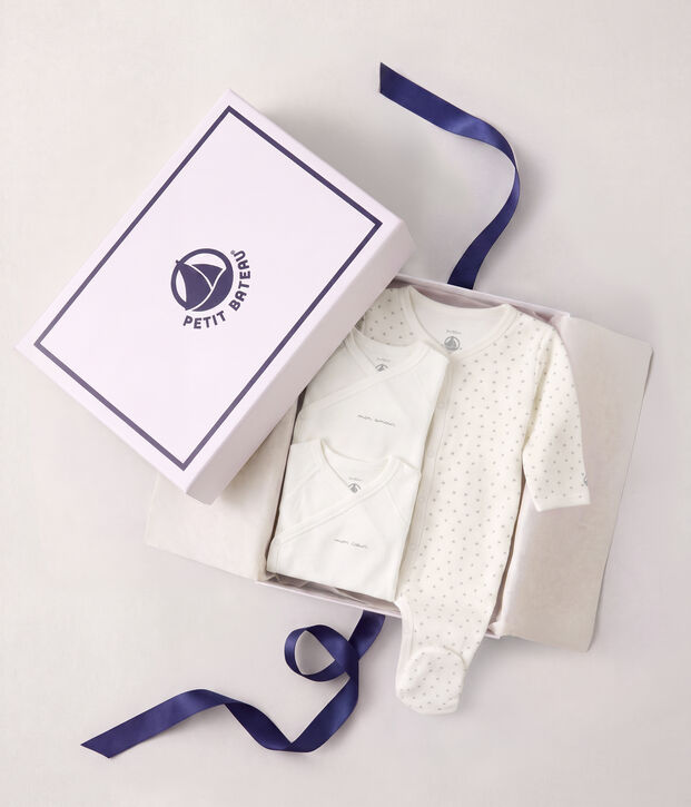 Confezione regalo nascita in cotone con stampa a cuoricini multicolore