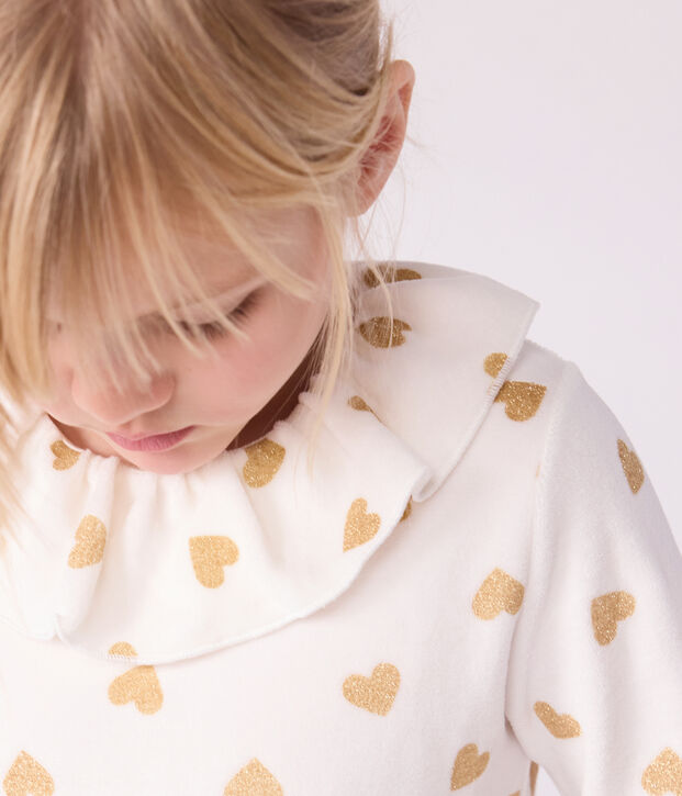 Pigiama per bambini in velluto/ciniglia con stampa di cuori dorati glitterati ecru/giallo