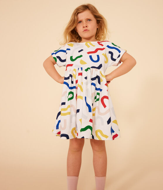 Abito a maniche corte fantasia in cotone bambina bianco MARSHMALLOW/bianco MULTICO