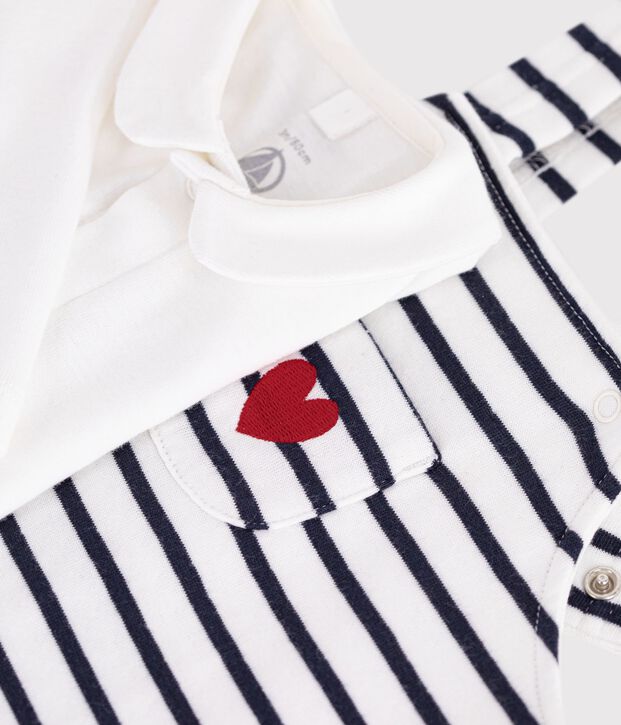 Set salopette e body in cotone a righe con colletto neonato bianco/blu